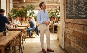 Man in a light blue oxford shirt tucked into beige chinos with loafers, standing in a cafe for a smart casual look.