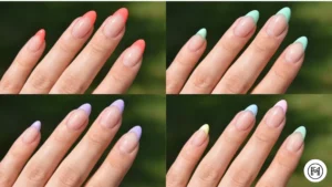 20. Colorful French Tips Alt Text: Colorful French tips on acrylic nails featuring a playful mix of coral, mint green, lavender, and a pastel rainbow set.