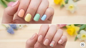 20 Spring Rainbows A 2-way horizontal split of joyful rainbow nail art featuring a pastel spectrum on each finger and tiny painted arches.