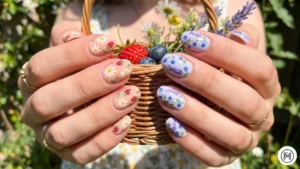 21. Floral + Fruit Mashup: "Playful spring nail art featuring tiny hand-painted strawberries and daisy flower motifs."