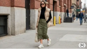 Outfit 21: Utilitarian cargo midi skirt in olive green with a beige puffer vest and sneakers.
