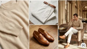 21	Beige Sweater + White Chinos	Sophisticated spring look with a beige sweater and white chinos with brown loafers.
