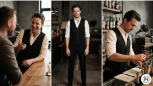 21. White Shirt + Black Waistcoat + Slim Trousers ALT Text: Triptych of a semi-formal vintage-modern look featuring a white shirt, black waistcoat, and slim trousers. 