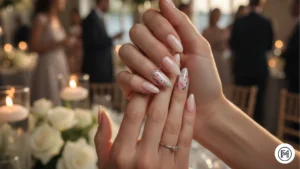 Alt Text: Elegant nude acrylic nails with glittery floral accent nails for weddings.