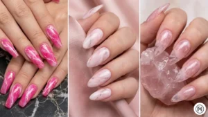 21 Pink & Marble A 3-way vertical split of feminine pink nail designs combined with soft white marble and rose quartz crystal effects.