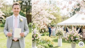 22. Grey Suit + Pastel Tie ALT Text: Collage showing a fresh spring formal look with a light grey suit and a pastel-colored tie. f.