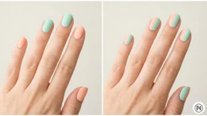 22 Peach & Mint A 2-way split of refreshing peach and mint green color-blocking and geometric nail art combinations.