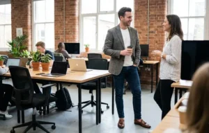 Man in a coworking space wearing a suit jacket with jeans and loafers, mixing smart and casual styles.
