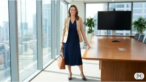 Navy midi wrap dress layered under a structured beige blazer for a professional meeting.
