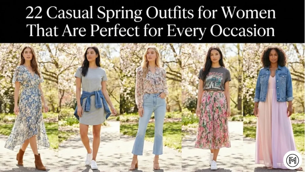 Five women wearing diverse casual spring outfits including floral dresses, denim jackets, and jeans with article title text.
