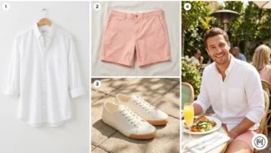 23	White Button-Down + Shorts	Fresh spring aesthetic with a white button-down shirt and pastel pink shorts.

