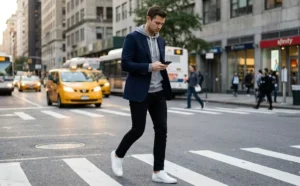 Man crossing a street wearing a hoodie layered under a blazer with sneakers for a street smart outfit.