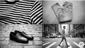 24	Striped Tee + Grey Jeans	Men's casual polished look with a striped tee and light grey jeans with loafers.
