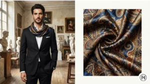 24. Black Suit + Silk Scarf Accent ALT Text: Collage showing a modern artistic formal look with a black suit accented by a patterned silk scar