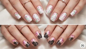 24 Floral Lace A 2-way horizontal split of romantic floral lace nails with white lace patterns stamped over a bouquet of spring flowers.