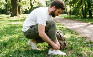 Man tying his shoe in a park wearing a white tee and olive cargo pants for an easy utility look.