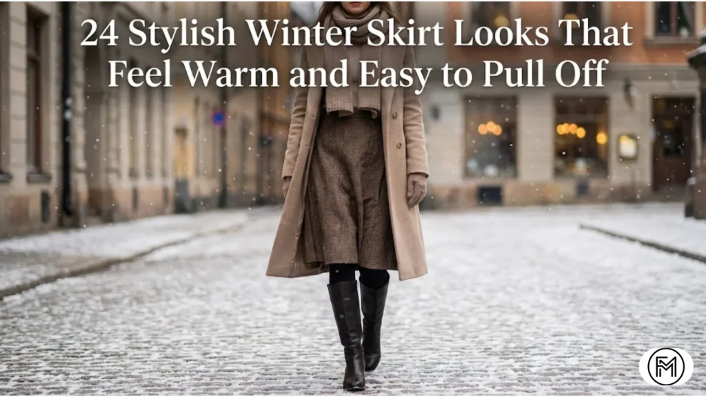 High-quality winter street style photography of a woman in a wool midi skirt and tall boots.