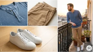 25	Blue Henley + Tan Chinos	Timeless spring combination featuring a blue Henley shirt and tan chinos for men.