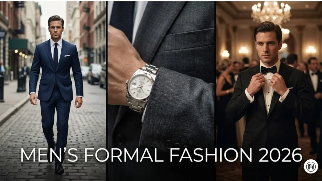 Split-screen collage header image featuring a navy suit, a charcoal suit detail, and a black tuxedo, with text overlay "24 Best Formal Outfits for Men (Stylish Look - 2026)"