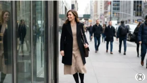 Neutral wool dress worn with black thermal tights and a structured black coat for winter.