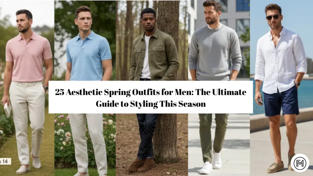 A professional collage for men's fashion featuring 25 aesthetic spring and summer outfits. The image shows four panels: a man in a grey crewneck and olive chinos, a man in a white linen shirt and navy shorts, two models in pastel polos with linen trousers, and a man in an olive utility shirt with dark jeans. Includes the title "25 Aesthetic Spring Outfits for Men: The Ultimate Guide to Styling This Season."