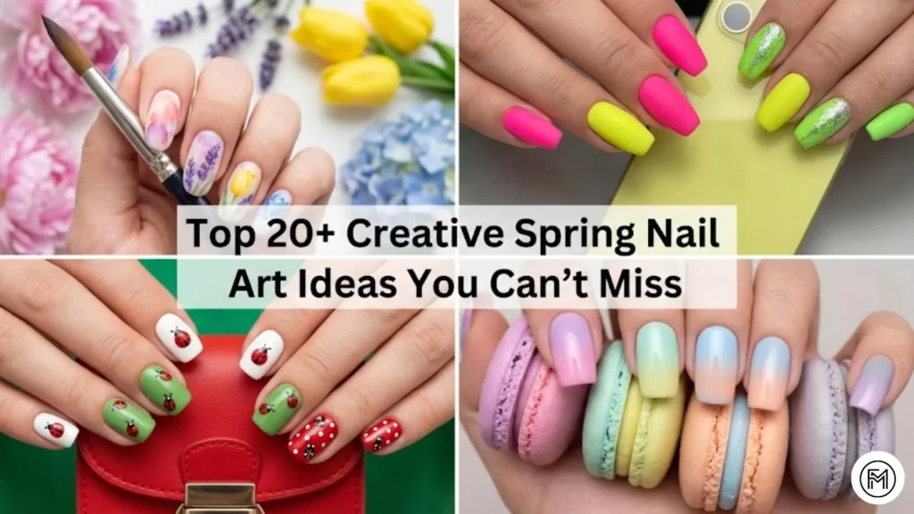 A 4-way collage of trending 2026 spring nail art including pastel florals, holographic shifts, neon accents, and luxury marble designs.