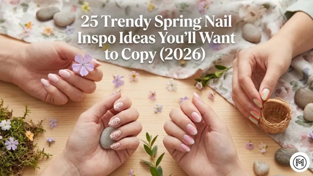 Modern spring nail art trends 2026 collage featuring aura gradient, micro-French, and 3D dewdrop designs on natural hands.