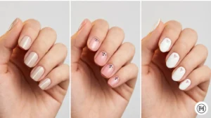 3. Minimalist Chic Alt Text: Minimalist chic short nail designs featuring delicate white lines, subtle negative space triangles, and tiny geometric dots.