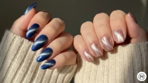 3. Cat-Eye Reflective: "Mesmerizing cat-eye reflective magnetic nail polish in deep blue and metallic shades for a shifting light effect."