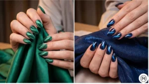 3Magnetic Cat-EyeSide-by-side view of medium almond nails with emerald green and midnight blue magnetic cat-eye shimmer.