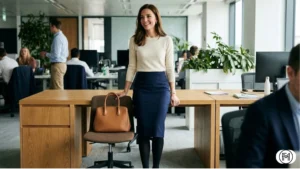 Professional winter outfit featuring a navy pencil midi skirt, black thermal tights, and a cream fine-knit sweater.