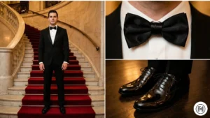 3. Black Tuxedo + Bow Tie + Patent Shoes ALT Text: Triptych collage showing a classic black evening tuxedo, a close-up of a bow tie, and patent leather shoes. 4. Midnight Blue Dinner Jacket + Black Trousers ALT Text: Two-panel image displaying an elegant midnight blue dinner jacket paired with black trousers for formal events. 