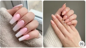 3. Ombre Acrylic Nails Alt Text: Soft ombre acrylic nails showcasing a seamless gradient blend from baby pink to white and a chic peach to nude fade.