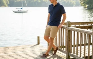 Man wearing a navy polo shirt and tailored shorts standing by a lake, perfect for summer relaxed style.