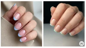 4. Classic French Tips with a Twist Alt Text: Modern French tips on short nails showcasing soft baby blue edges and pastel mint green micro-tips.