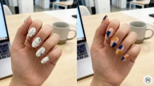 4 Geometric Spring A 2-way vertical split showcasing modern geometric nail art with sage green triangles and navy blue squares on a nude base.