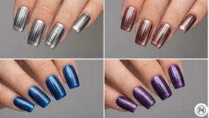 4Barcode MagneticFour-panel grid showing trendy barcode magnetic nail art in metallic silver, blue, and rose gold.