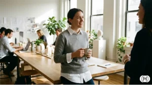 White button-down shirt layered under a grey cashmere sweater for a comfortable and professional office look.