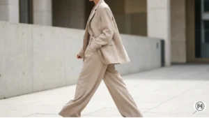 4. Oversized Tailoring Modern oversized tailoring trend featuring a structured stone-colored power suit and wide-leg trousers. 