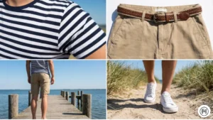 4	Striped Tee + Shorts	Men's casual spring outfit with horizontal striped tee, khaki shorts, and canvas sneakers.
