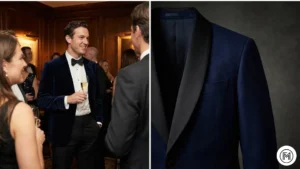 5. Camel Blazer + Grey Trousers + Loafers Split-screen showing a smart-casual formal look with a camel blazer, grey trousers, and brown leather loafers outdoors.