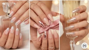 4. Glitter Acrylic Nails Alt Text: Glamorous glitter acrylic nails featuring fine silver dusting, chunky rose gold accents, and a sparkling champagne finish.
