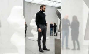 Man modeling a black turtleneck with grey trousers and Chelsea boots in an art gallery for a minimalist chic outfit.