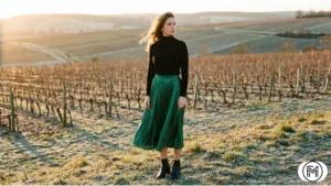 Stylish woman in a black turtleneck and emerald green pleated skirt at a scenic winter vineyard.