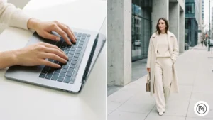 Soft Nude: "Minimalist nude nails for office wear paired with a professional monochromatic beige outfit.