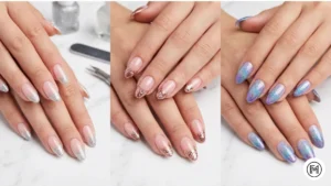 Alt Text: Sophisticated French tip acrylic nails with silver and rose gold glitter accents.