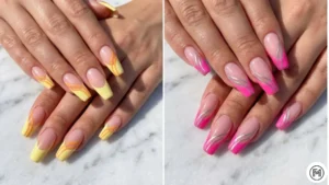 5Retro French TipsLong coffin nails featuring a modern twist on French tips with vibrant retro stripes and pastel bases.