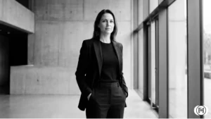 Woman in a monochrome black suit with a knit top standing confidently in a corporate lobby.