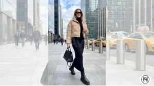 Outfit 5: Chic winter outfit with a black maxi knit skirt and a cropped beige puffer jacket.