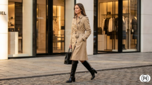 Professional winter office look with a tailored charcoal wool blazer layered over a black turtleneck.